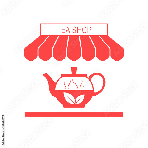 Tea Shop Single Flat Vector Icon. Striped Awning and Signboard