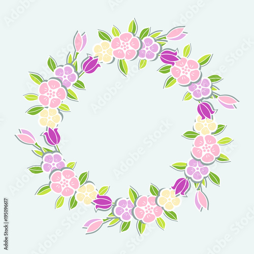 Pink flowers wreath isolated on blue background. Template with flowers for party invitation  greeting card  postcard  girl birthday  Mother s Day  Woman s Day  Warm Season Card. Vector illustration.