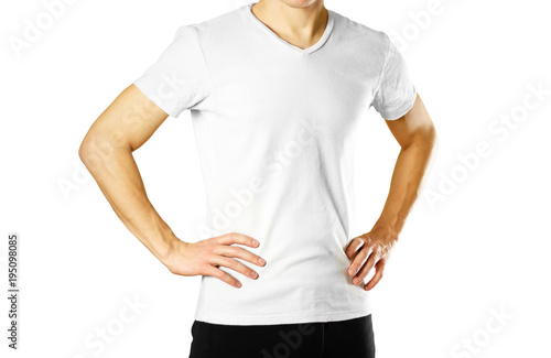 The guy in the white blank t-shirt. Prepared for your logo. Isolated on white background