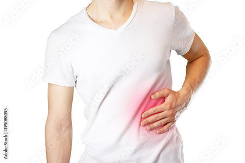 Wallpaper Mural A man holds the liver. Pain in the abdomen. Cirrhosis of the liver. Sore point highlighted in red. Closeup. Isolated on white background Torontodigital.ca