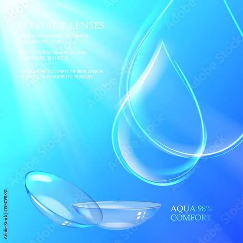 Best blue contact lenses for your eye color. Awesome medical illustration of rain drop over deep blue water background and text place. Vector illustration.