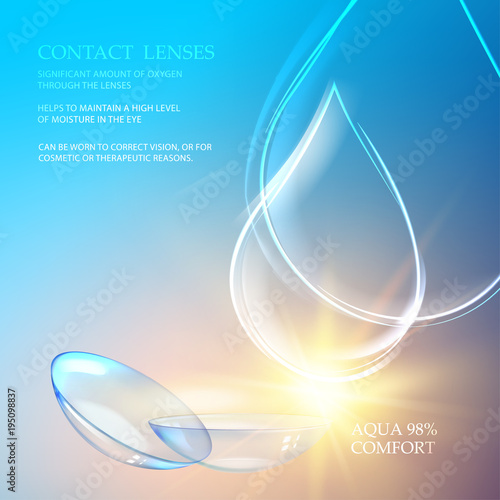 Best blue contact lenses for your eye color. Awesome medical illustration of rain drop over blue science background and text place at the top of image. Vector illustration.
