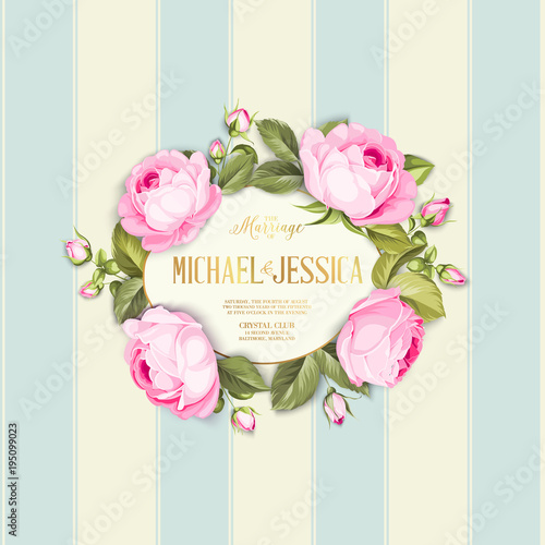 Marriage invitation card with custom sign and flower garland. Rose wreath for romantic card. Printable vintage marriage invitation with flowers over blue tile background. Vector illustration.