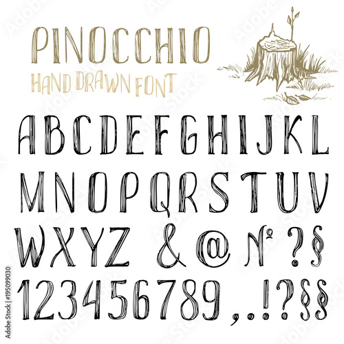 Hand drawn letters. Vector alphabet, punctuation marks, numerals on white background.