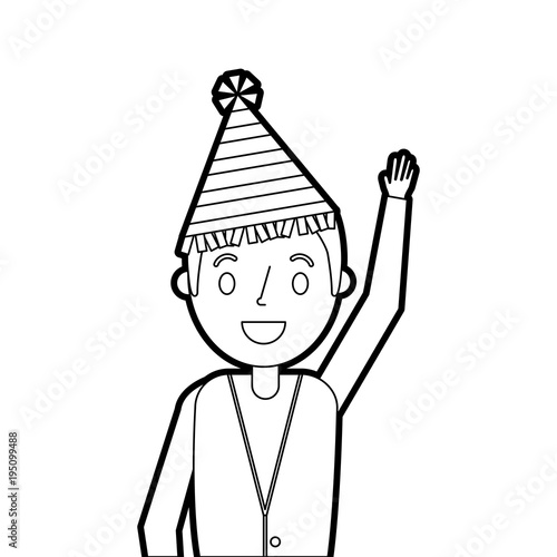 portrait older man with party hat waving hand