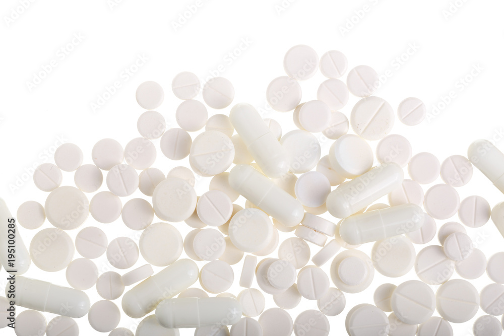 white pill capsule isolated on white background with copy space for your text. Top view. Flat lay white pill capsule isolated on white background with copy space for your text. Top view. Flat lay