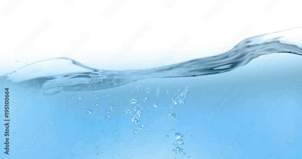 blue wave water with bubbles in tank on white background, slow motion movement
