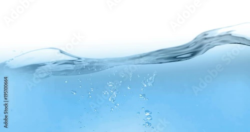 blue wave water with bubbles in tank on white background, slow motion movement
