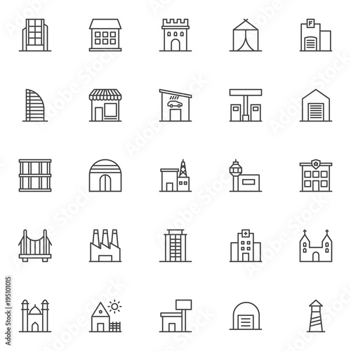 Buildings outline icons set. linear style symbols collection, line signs pack. vector graphics. Set includes icons as modern office building, house, castle tower, hotel, garage