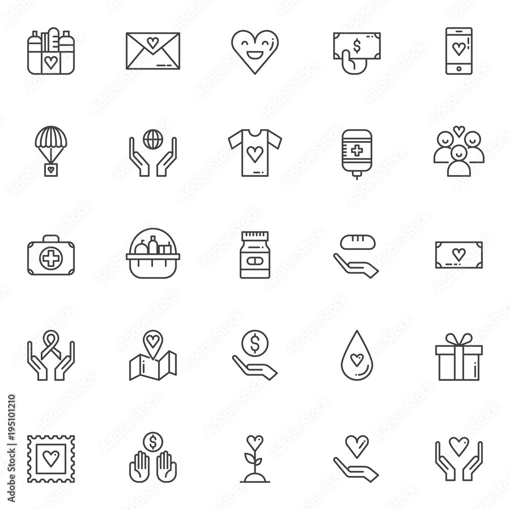 Charity elements outline icons set. linear style symbols collection, line signs pack. vector graphics. Set includes icons as Donation food, Happy heart, hand with money, Blood transfusion