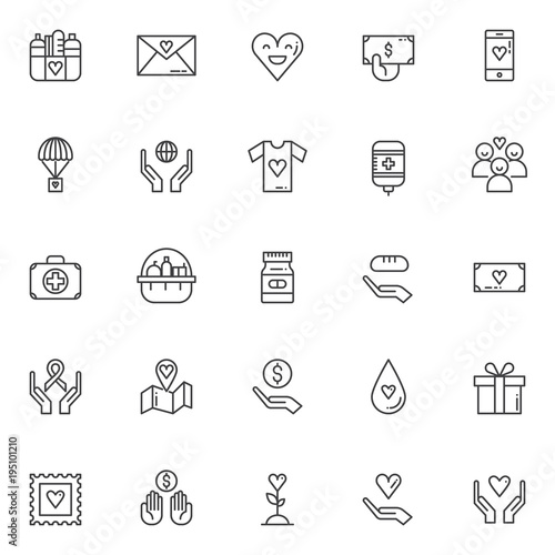 Charity elements outline icons set. linear style symbols collection, line signs pack. vector graphics. Set includes icons as Donation food, Happy heart, hand with money, Blood transfusion