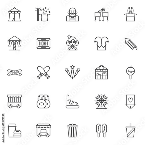 Circus outline icons set. linear style symbols collection, line signs pack. vector graphics. Set includes icons as circus tent, Magic wand and hat, Carousel, Joker, Ferris wheel, Juggling skittles