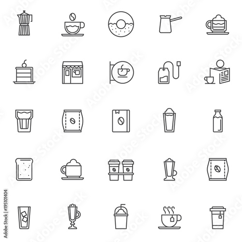 Coffee shop outline icons set. linear style symbols collection, line signs pack. vector graphics. Set includes icons as Tea kettle, Fresh doughnut, Cappuccino cup with whipped cream, Piece of cake
