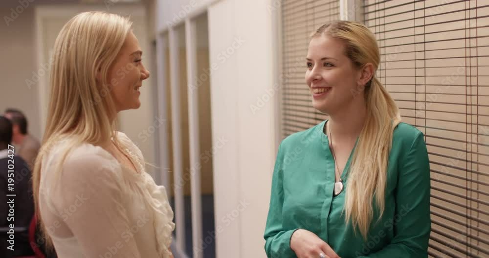 4K Happy female coworkers chatting in the office turn to smile at camera. Slow motion. 4K Happy female coworkers chatting in the office turn to smile at camera. Slow motion.