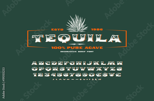 Ornate serif font and label template for tequila