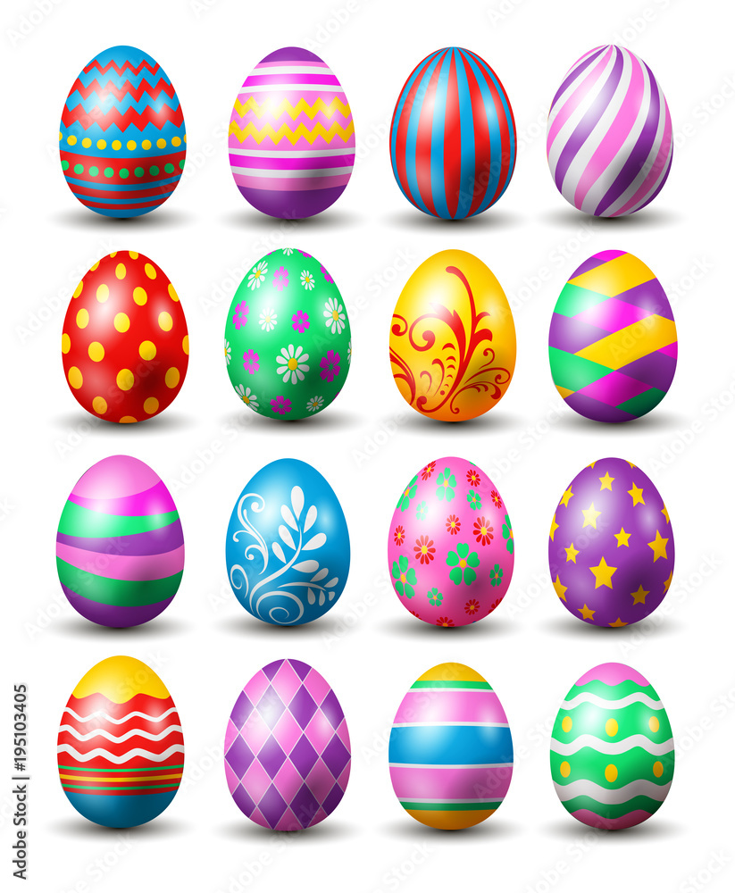 vector illustration of Happy Easter.Set of Easter eggs with different texture on a white background.