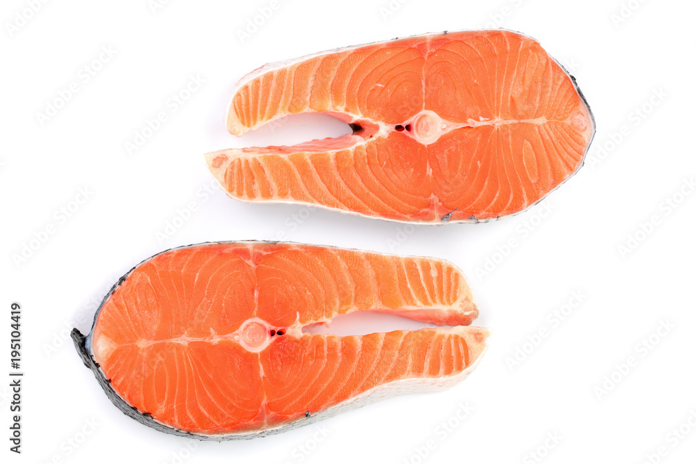 Slice of red fish salmon isolated on white background. Top view. Flat lay