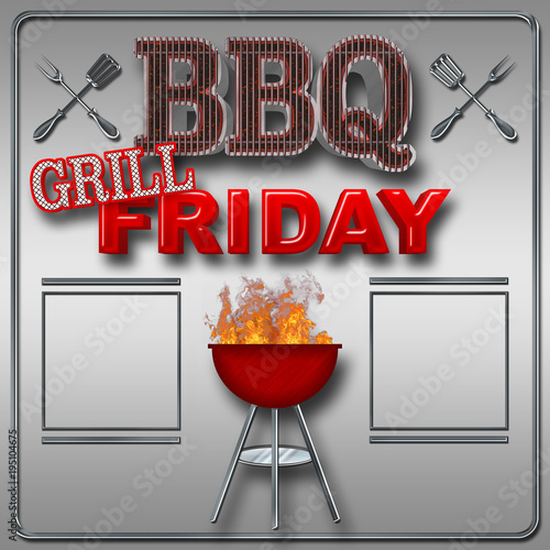 Stock Illustration - Large Text: BBQ Grill Friday, Bright Red Text, Text BBQ in the shape of the grill, Big Glowing Coals BBQ, 3D Illustration, Stainless Steel Background