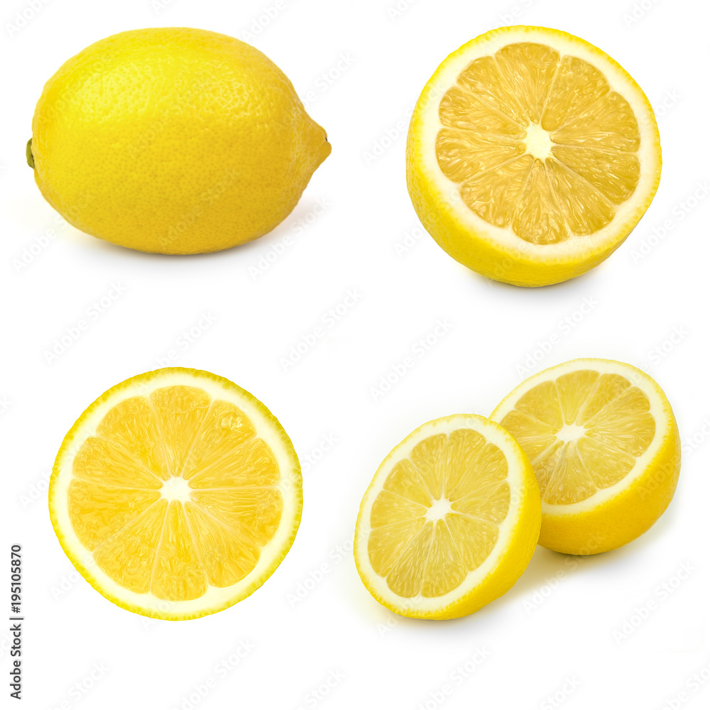 sliced of lemons isolated on white background. group of lemons.