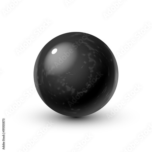 Realistic glass sphere with shadows, reflection of sky in mirror surface of black ink pearl