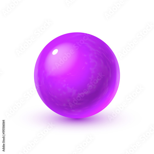 Realistic glass sphere with shadows, reflection of sky in mirror surface of purple pearl