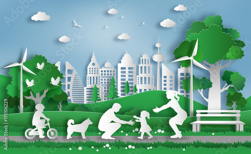 Paper art style of family enjoy fresh air in the park with baby to make first steps on grass, eco green city, flat-style vector illustration.