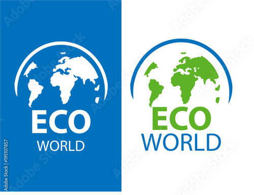 vertical vector logo Globe. Color label of ECO world on white and blue background. Illustration of symbol of ecology. Planet and eco symbol or icon. Natural, organic logotype design template.