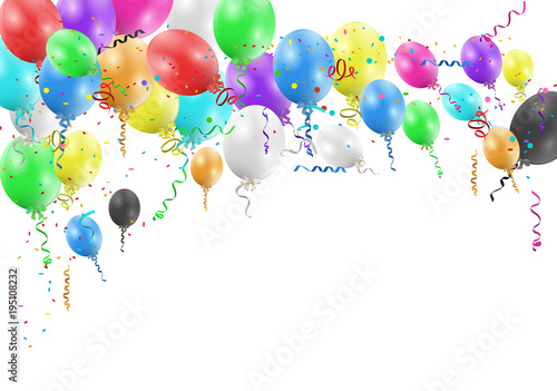 Balloons header background. Party card with colourful balloons. Balloon background.
