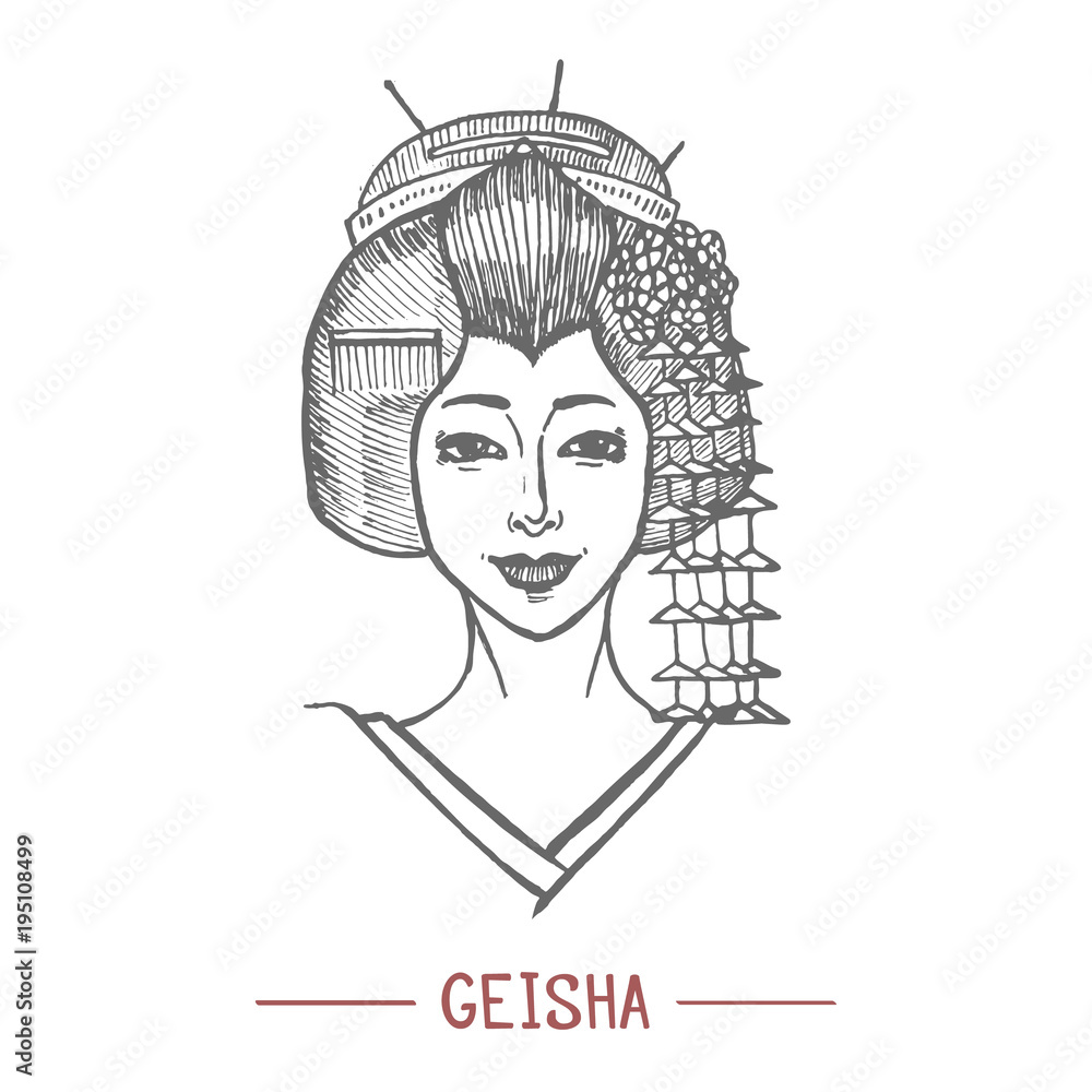 Geisha. Japanese Girl in Hand Drawn Style for Surface Design Fliers Prints Cards Banners. Vector Illustration