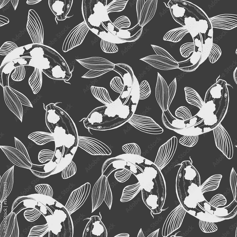 Fototapeta premium Dark Seamless Pattern with Karp Koi. Fish Background in Hand Drawn Style for Surface Design Fliers Prints Cards. Vector Illustration