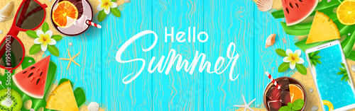 Hello Summer web banner. Top view on summer composition with realistic objects and tropical fruit on wooden texture. Vector illustration. Concept of seasonal recreation in tropical countries.