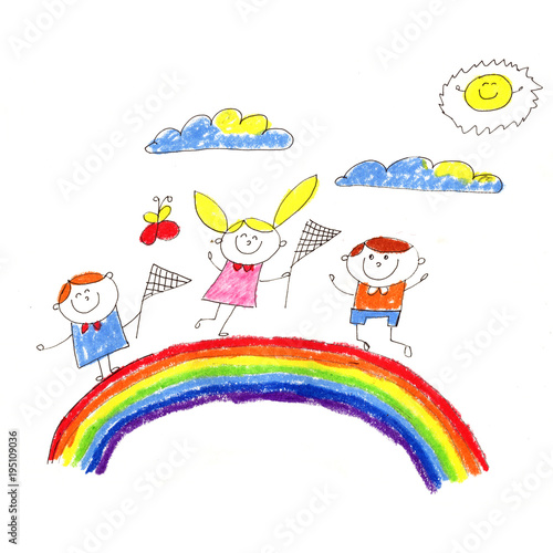 Obraz Dzieci w wieku przedszkolnym i szkolnym. Rysunek dzieci. Szczęśliwa kreskówka dzieci grać i uczyć się. Ilustracja Colorul. Wyobraźnia i eksploracja.