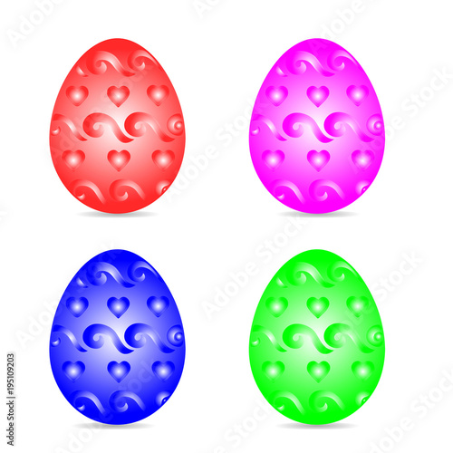 Multicolored easter eggs decorated in pattern hearts, cartoon on white background,
