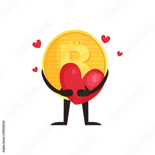 Illustration of humanized bitcoin holding red heart. Cartoon golden coin character with hands and legs. Concept of crypto currency, money, finance. Flat vector icon