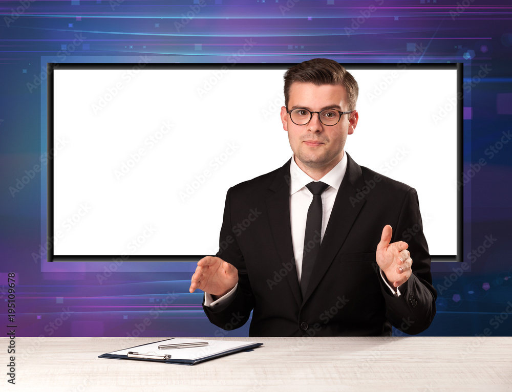 Television program host with big copy screen in his back Television program host with big copy screen in his back