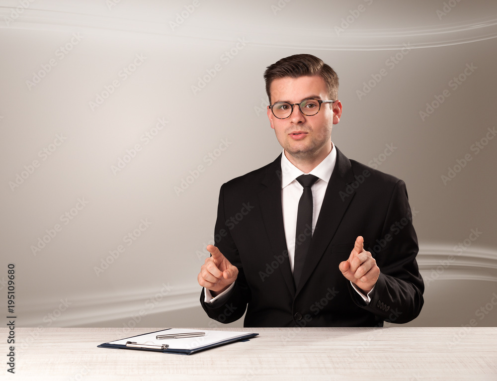 Televison host in live show with blank background Televison host in live show with blank background