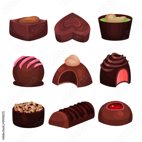 Collection of chocolate candies of various shapes. Sweets with different filling. Tender souffle. Delicious truffle. Tasty confectionery products. Detailed vector icons