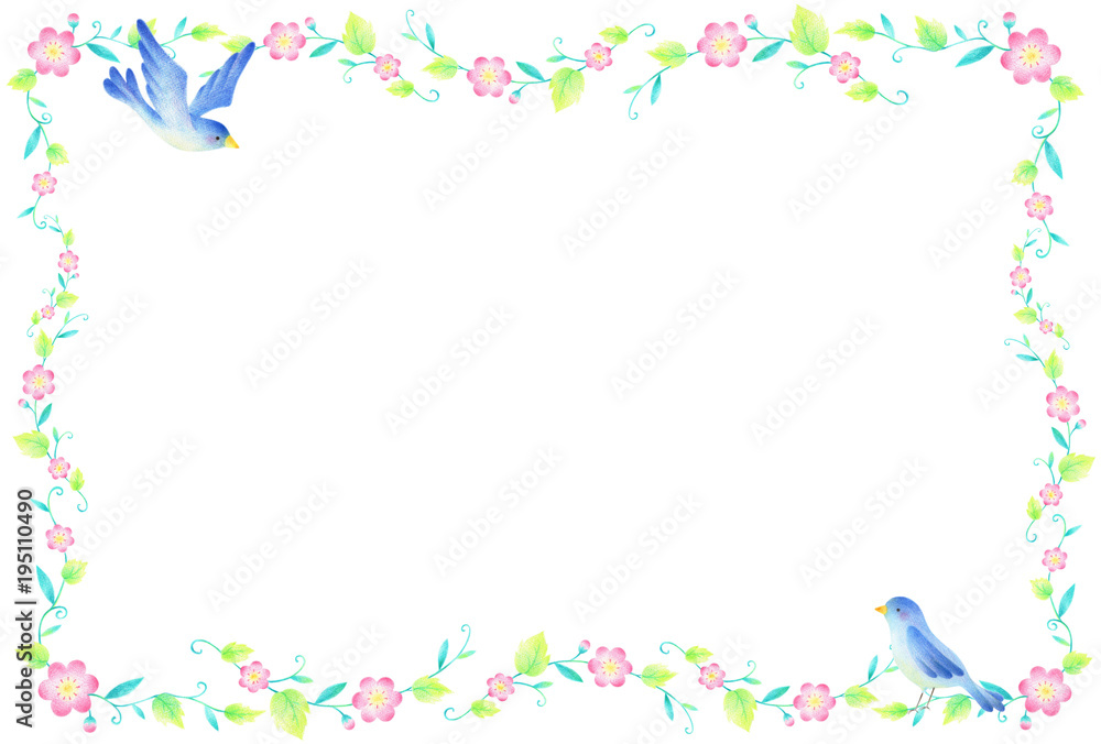 青い鳥と草花　フレーム