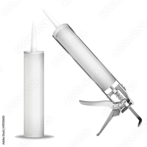 Silicone gun vector illustration of 3d sealant gun tool. Realistic isolated details of silicone tube bottle and caulking gun mechanism mockup model for construction or building