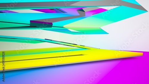 Abstract white and colored gradient interior multilevel public space with window. 3D illustration and rendering.