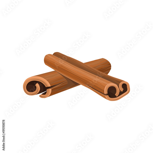 Icon of two rolled cinnamon sticks. Cooking ingredient. Aromatic condiment for dishes. Culinary theme. Decorative element for poster with tea. Detailed vector icon