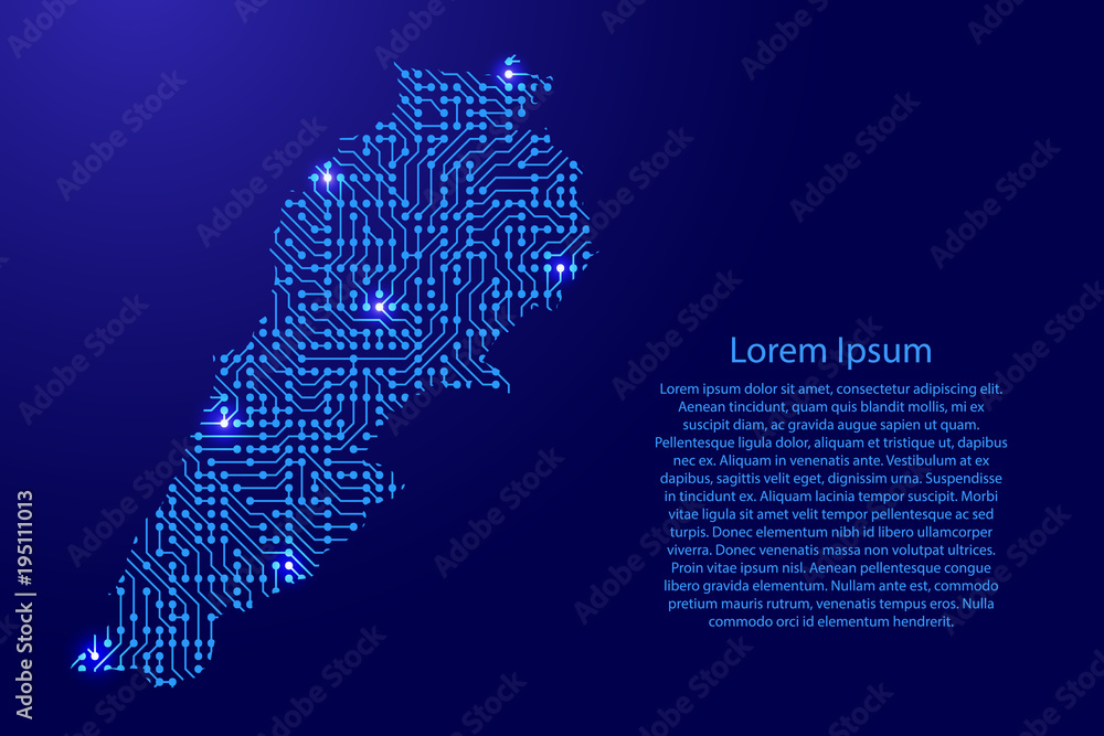 Map Lebanon from printed board, chip and radio component with blue star space on the contour for banner, poster, greeting card, of vector illustration.