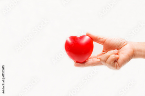 Fototapeta Naklejka Na Ścianę i Meble -  Heart shape in the helping hand on white background. Heart illness, disease protection, proactive checkup, mind diagnosis, sickness prevention, healthcare concept