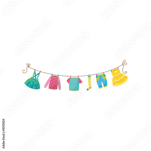 Flat vector set of children s clothes on rope skirt with braces, sweater, t-shirt, sock, blue jeans and fluffy dress. Garment for toddler girl. Stylish kids apparel. Baby fashion