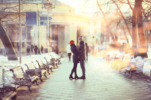 Photography blurred background couple in love in the spring city