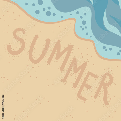 Beach background, word Summer written on sand.