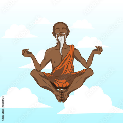 Elderly monk meditation, flying in sky