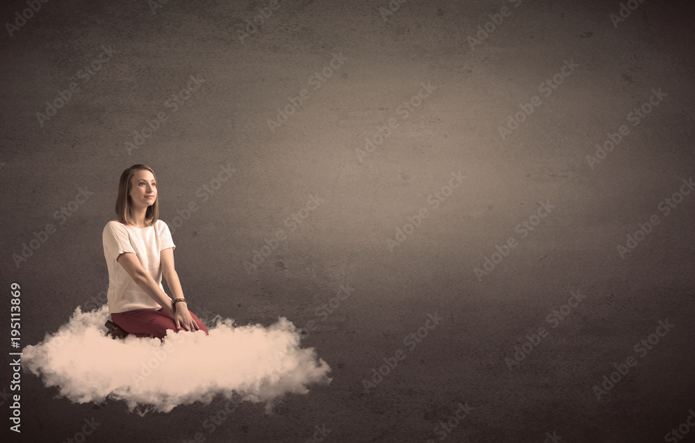 Woman sitting on a cloud with plain bakcground Woman sitting on a cloud with plain bakcground
