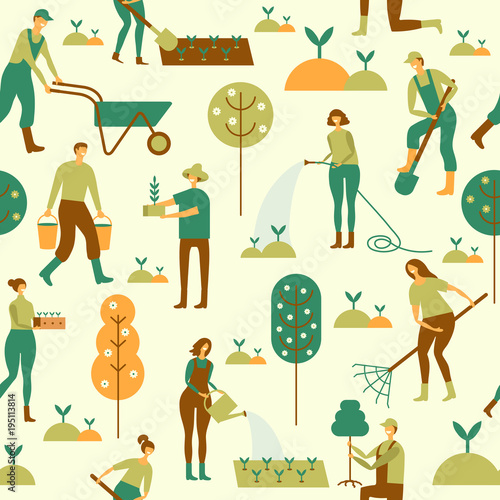 seamless background with people engaged in gardening