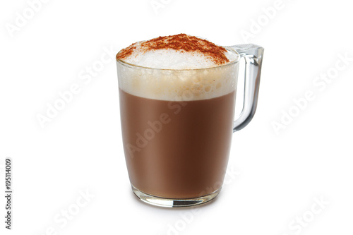 Transparent glass with hot cappuccino isolated on white photo